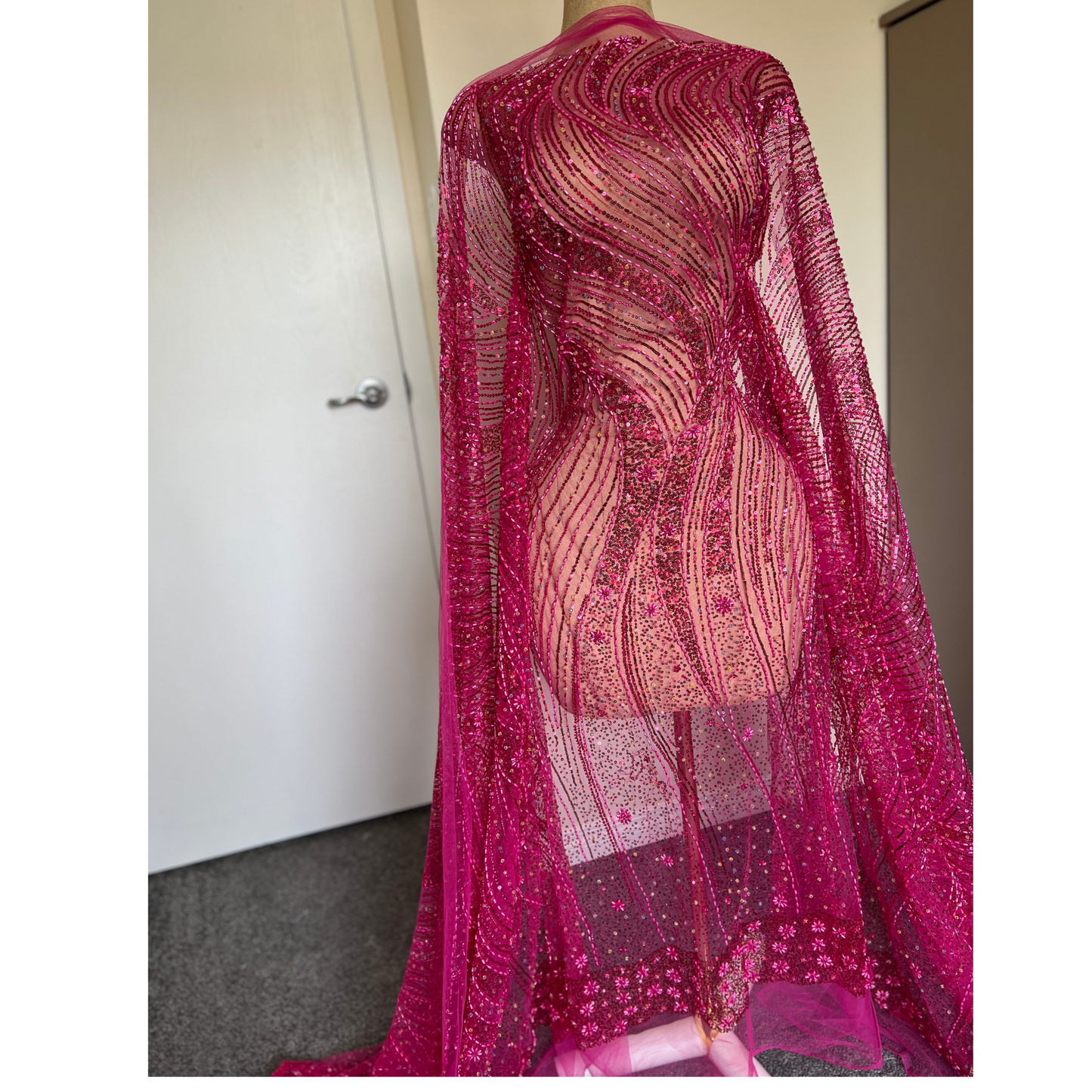 SWIRL FUCIAL PINK BEADED LACE