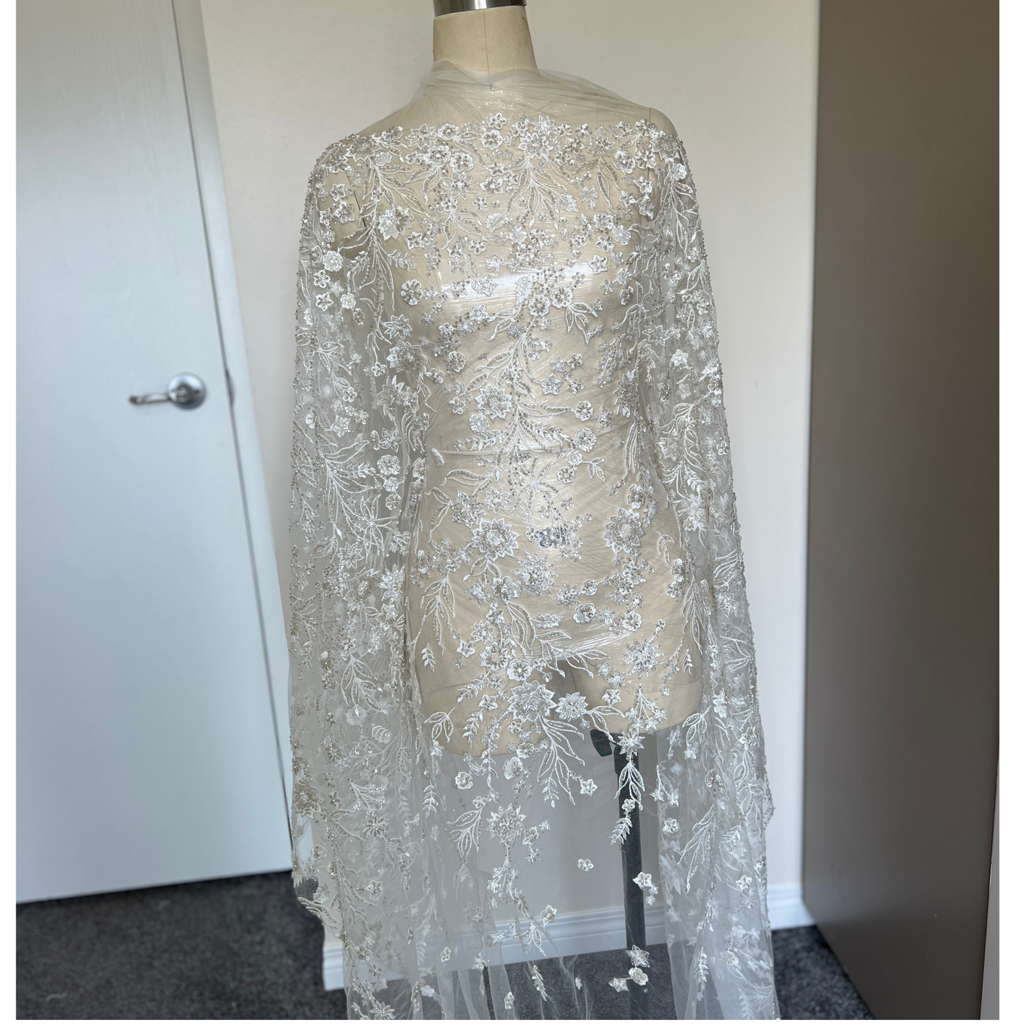 FLORAL BEADED LACE WITH CLEAR SILVER BEADS