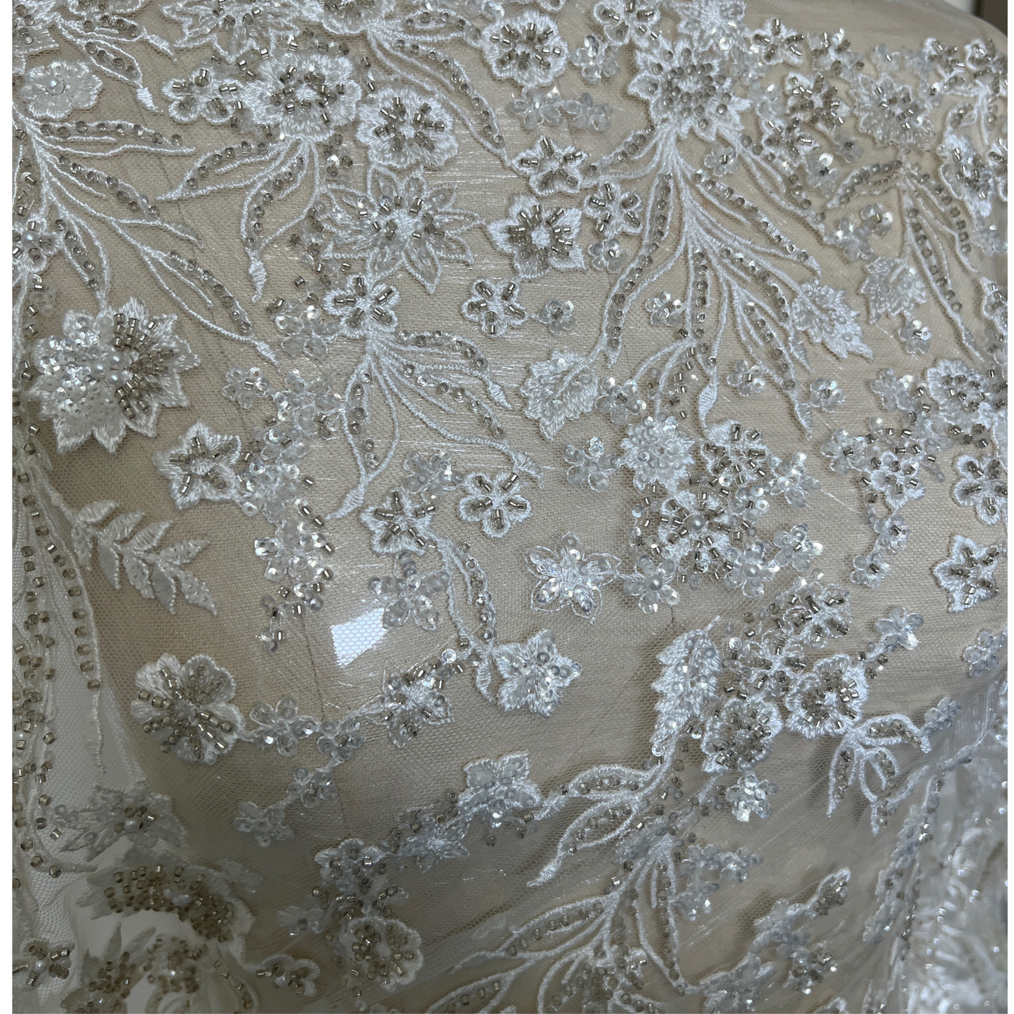 FLORAL BEADED LACE WITH CLEAR SILVER BEADS